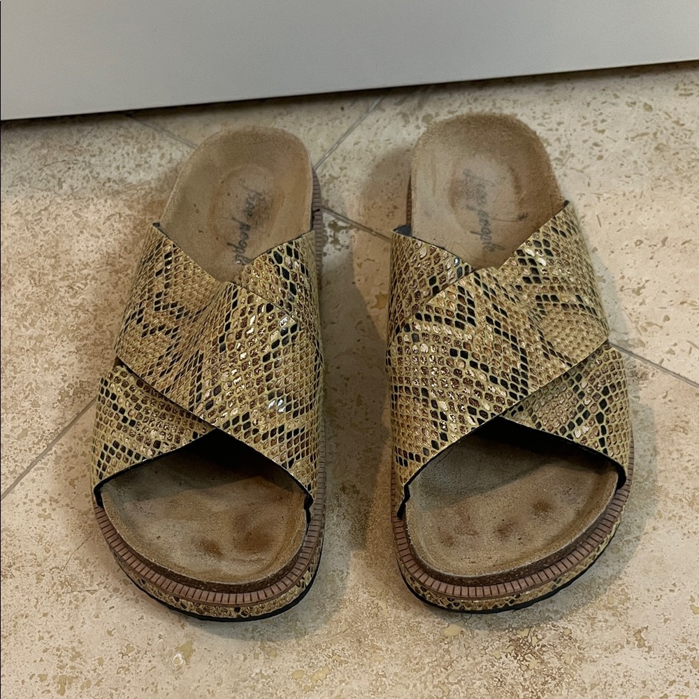 Free People Snake-Print Crisscross Slide Sandals in Tan